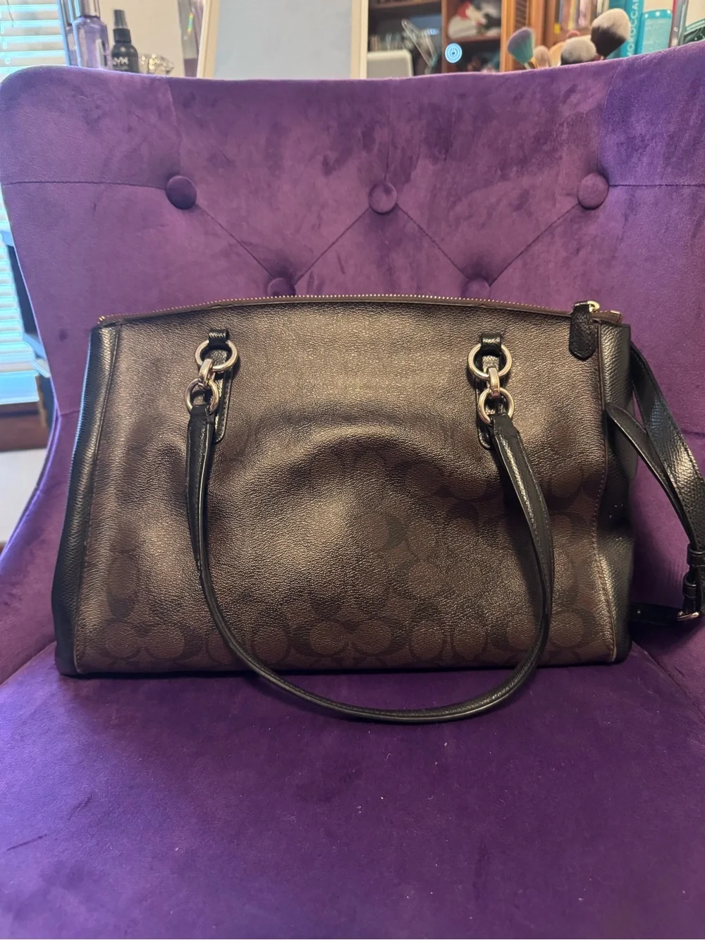 Coach Brown Signature Canvas Shoulder Bag with Gold Hardware